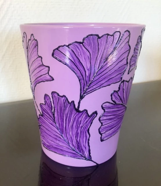Vase lavande avec feuille de Gingko peint à la main pour votre décoration