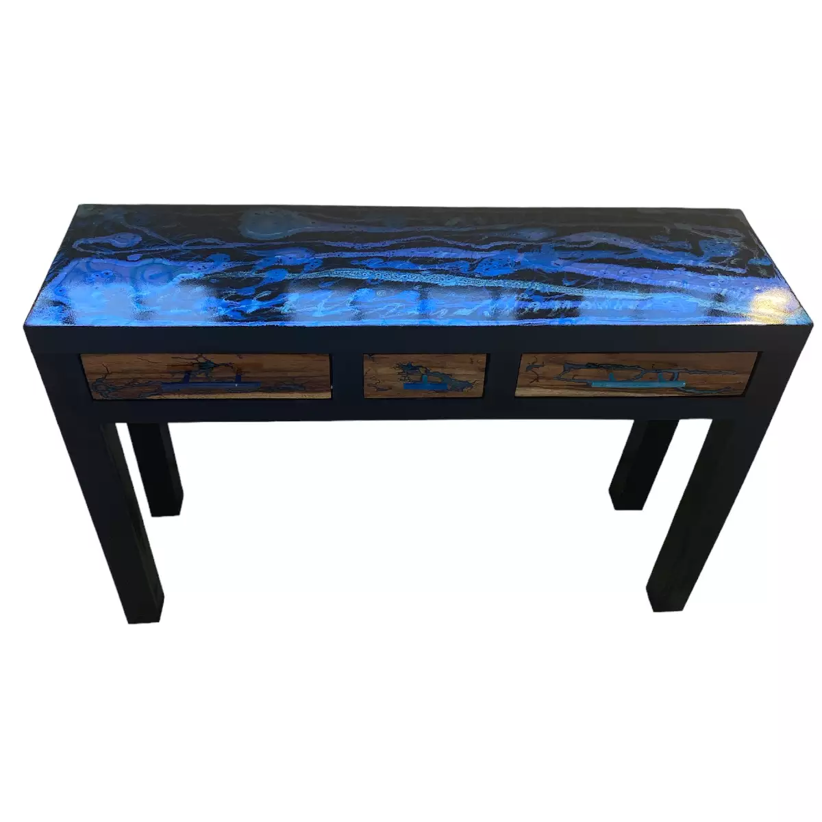 meuble en résine et fractal électrique bleu laqué noir ,3 tiroirs, poignées originales
