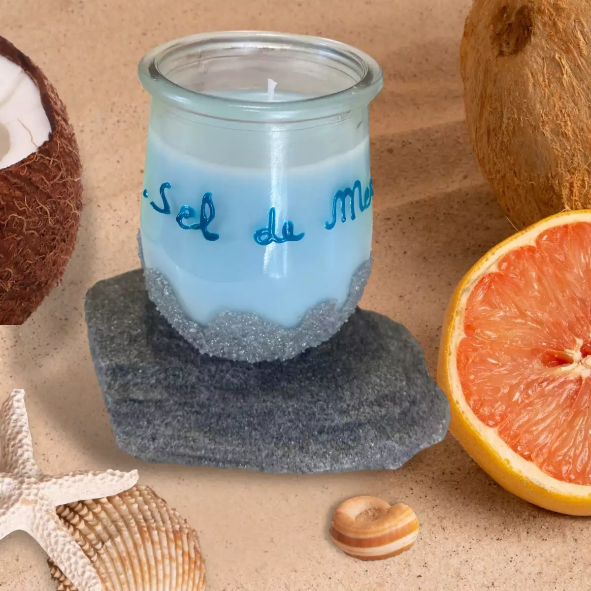 Bougie parfumée sel de mer / sauge sur pierre naturelle pour votre décoration